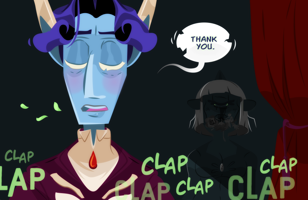 The clapping continues. Veil's eyes are still closed in trance. "Thank you," he brokenly utters. Backstage, the cyclops trapeze performer stands withered and decayed with gray flowers sprouting from her mouth. She is a haunting shadow of what will happen to Veil and Gemini if they stay too long.