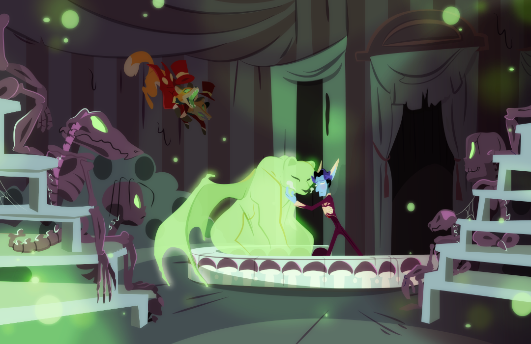 A full shot of the circus reveals it is in reality a dingy place of death. Painted in grays, sickly greens, and purples— a far cry from the bright reds, purples, and golds of Gemini's impressions. The drabby tent is in shambles and the audience to which Veil performs are all rotting skeletons. Barley and Bay-Lily hover over the ring, their mouths opening wide...