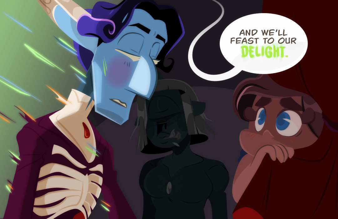 "And We'll feast to our delight." Barley concludes. Gemini peeks out from backstage next to the trapeze artist cyclops at Veil being drained of his life.