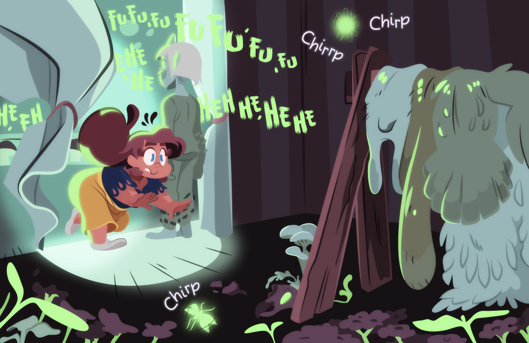 Barley and Bay-Lily cackle. "FuFuFuFuFu" "HeHeHeHe". Gemini runs further backstage, which is full of plants, animal bones, bugs, and a rack of animal pelts.