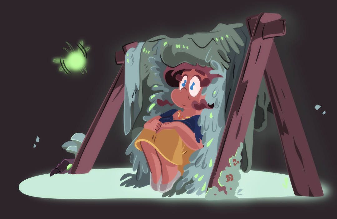 Gemini crouches into the animal pelts, holding her knees against her chest.