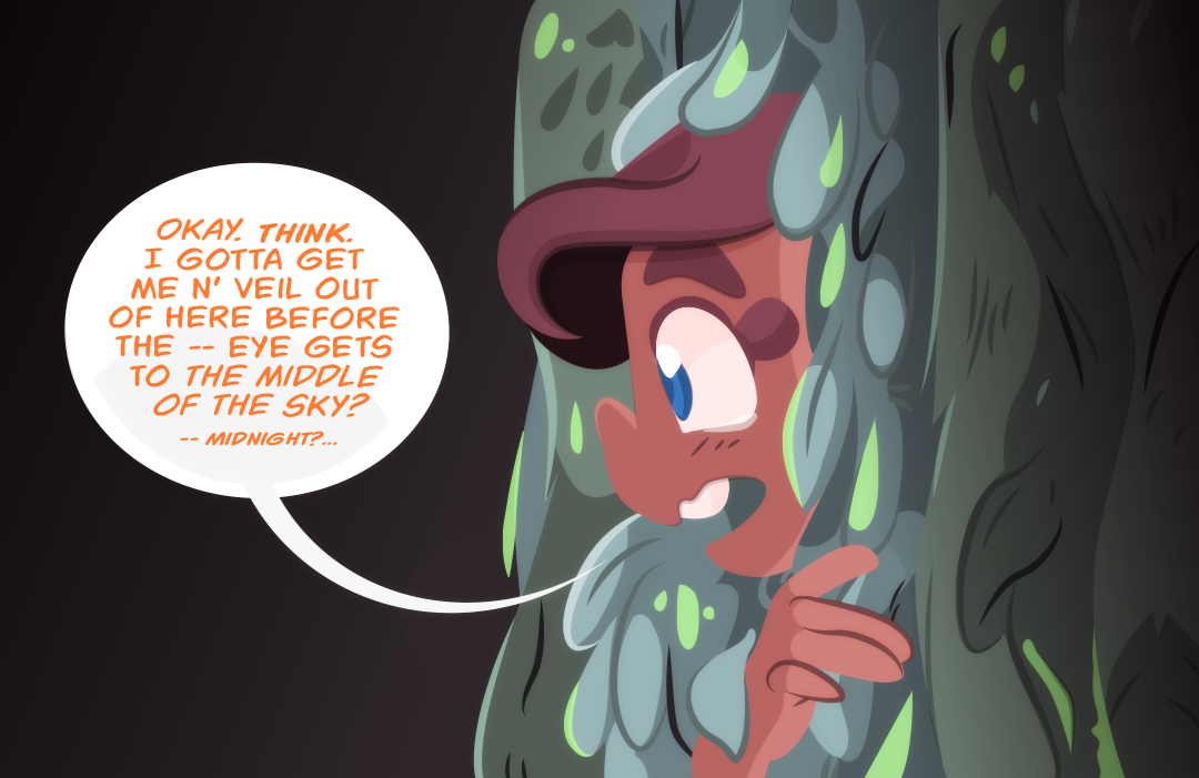 "Okay. Think. I gotta get me n' Veil out of here the — eye gets to the middle of the sky? —Midnight?" She talks to herself, finding comfort in the furs surrounding her.