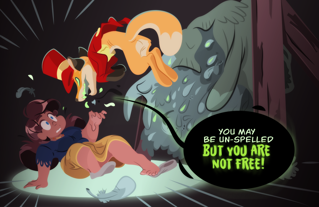 "You may be un-spelled, but you are not free!" Barley leaps out from the rack of animal skins as Gemini crawls backwards on the floor to avoid her.