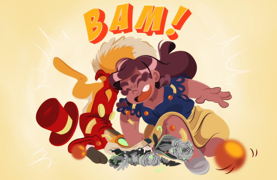 BAM! Gemini swings a punch into Barley's head. The fox slams onto the ground, gray flowers and plants spill from her cranium, squeezed out from the pressure. Gemini's necklace breaks.