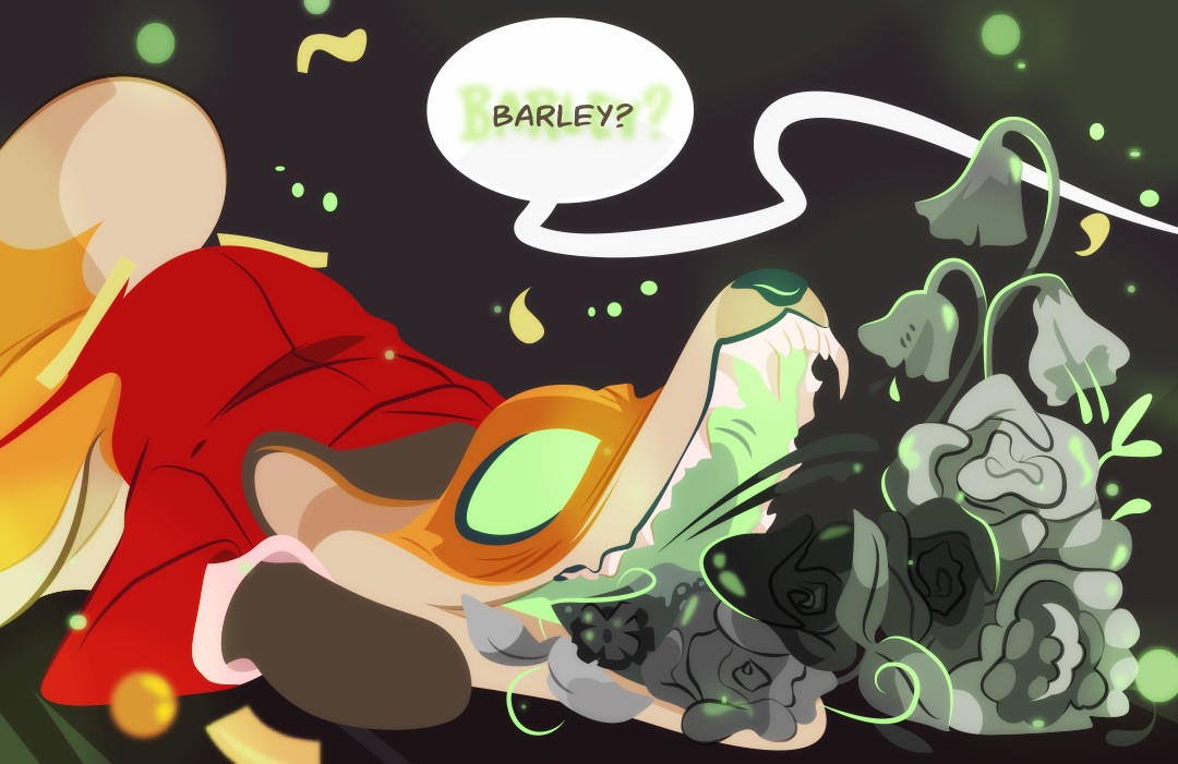 "Barley?" Bay-Lily timidly calls to her sibling. Barley looks crumpled, like old leather, with the plants spilling out of her mouth like guts.