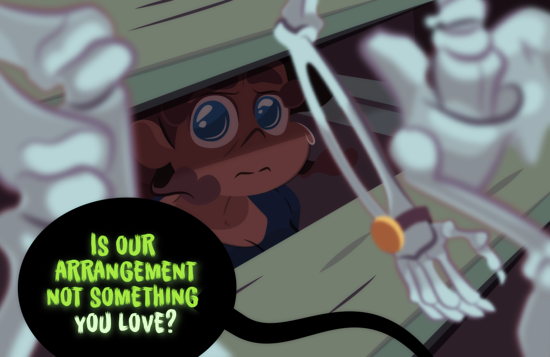 "Is our arrengement not something you love?" Gemini is hiding under the audience bleachers.