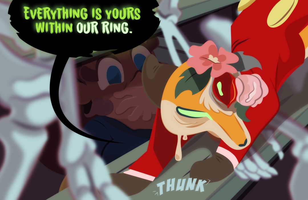 "Everything is yours within our ring." Barley THUNKS onto the bleacher seat next to Gemini, but does not see her in the shadows underneath. Gemini holds her hand to her mouth to muffle the sound of her breath.