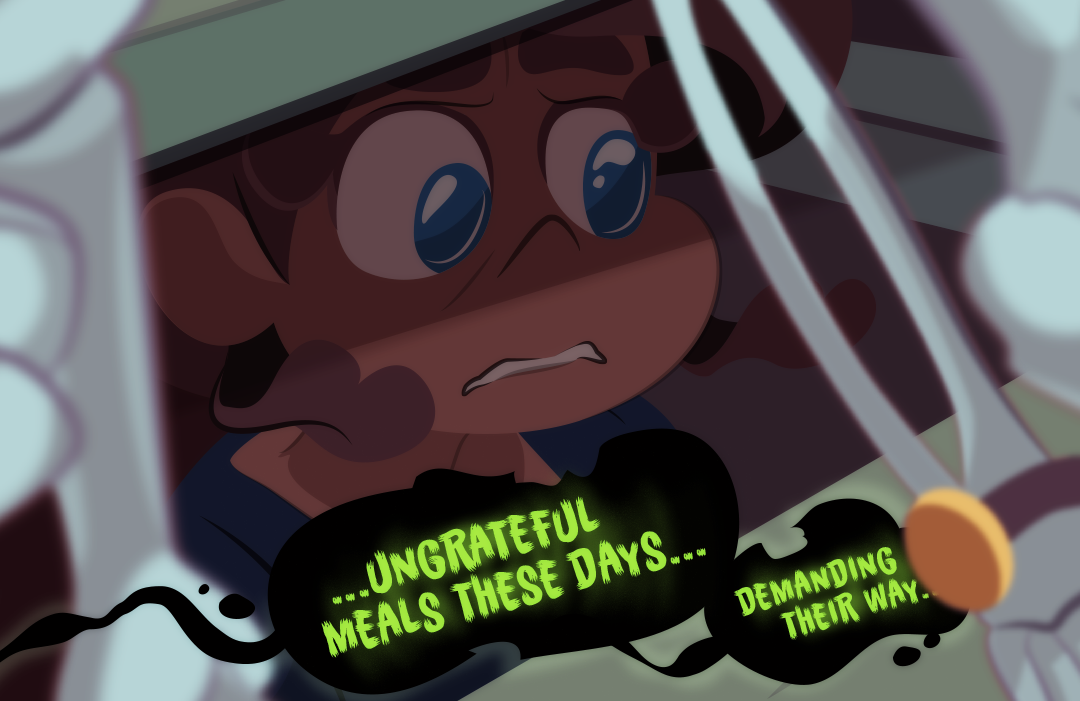 "Ungateful meals these days...demanding their way..." Barley mutters. A watch on one of the skeletons catches Gemini's eyes.