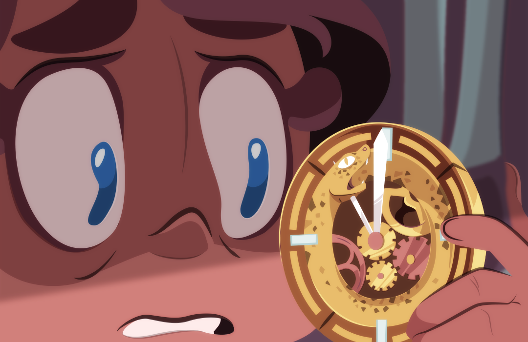 She pulls the wrist closer to her to see the time. The fancy gold Ouroboros mechanic clock face reads at five minutes until midnight.