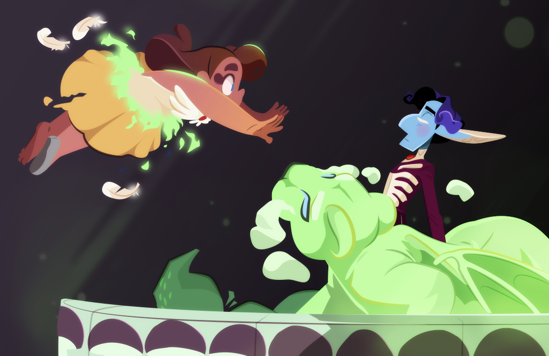 and leaps into the circus ring where Veil and the manticore are waiting! The magic barrier of the ring takes hold on her as she transforms from her normal self into her circus self.