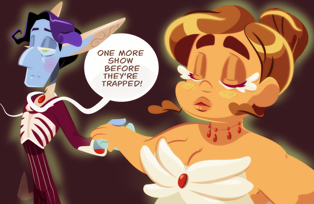 A spelled circus Veil and Gemini hold hands in the rings. "One more show before they're trapped!" Barley continues.