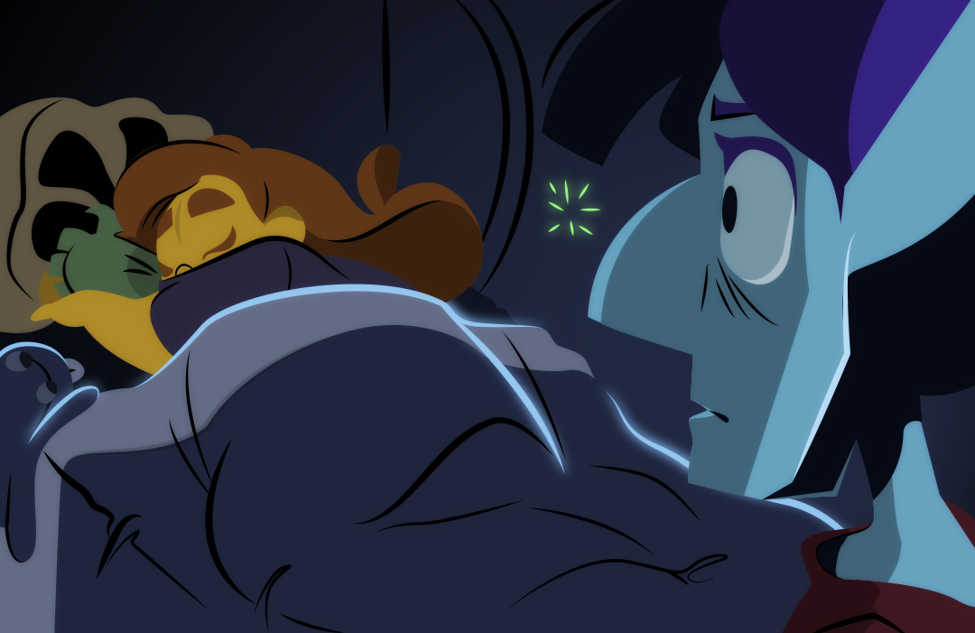 He finds Gemini nuzzled in her own bed.