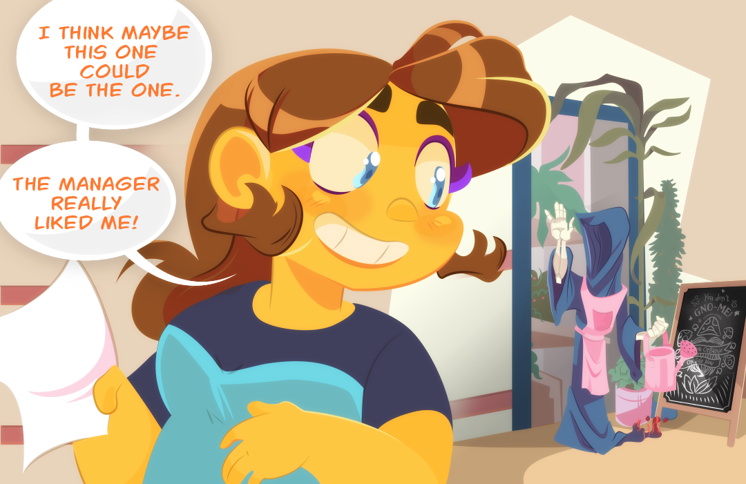 Gemini turns to look back at the flowers hop owner with a grin. "I Think maybe this one could be the one. The manager really liked me!", Gemini states excitedly. The wraith raises their bony hand and waves back.