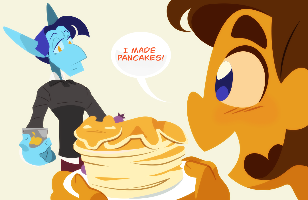 "I made pancakes!" Gemini displays her stack of pancakes proudly to Veil. It is topped with a fox-shaped pancake.