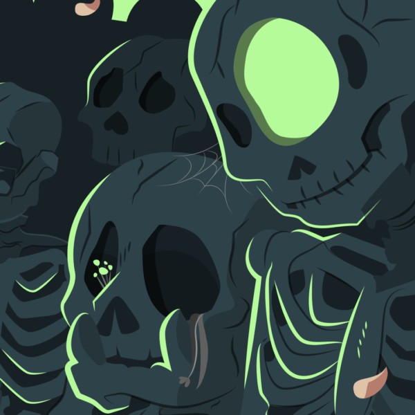 the circus crowd, now long dead skeletons, stares blankly ahead in eerie light